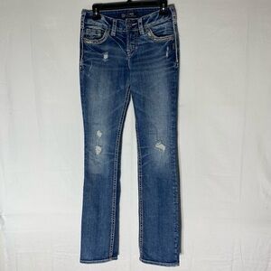 Vintage Y2K Silver Jeans Blue Distressed Suki Low Rise Straight Leg Jeans 26